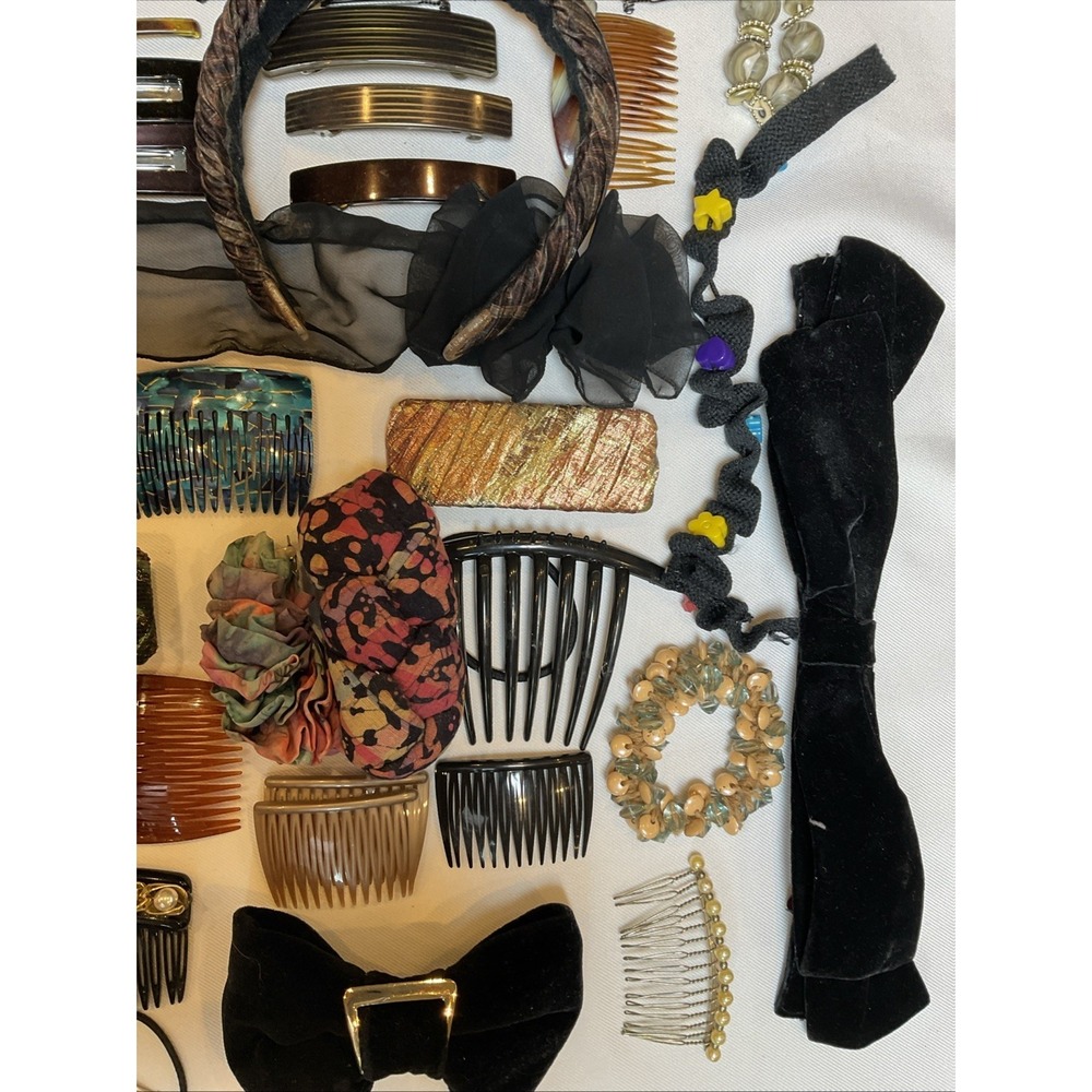 Vintage Hair Accessory Lot Of 36 Barrettes Combs Banana Clip Band Wraps 1980s - Picture 6 of 12